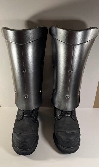 Red Hood or Dr. Doom shin armor costume. Metallic Dark Steel color.