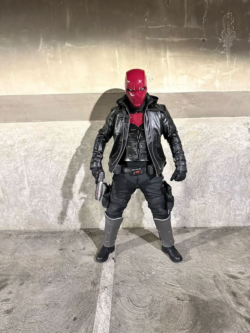 Red Hood or Dr. Doom shin armor costume. Metallic Dark Steel color.