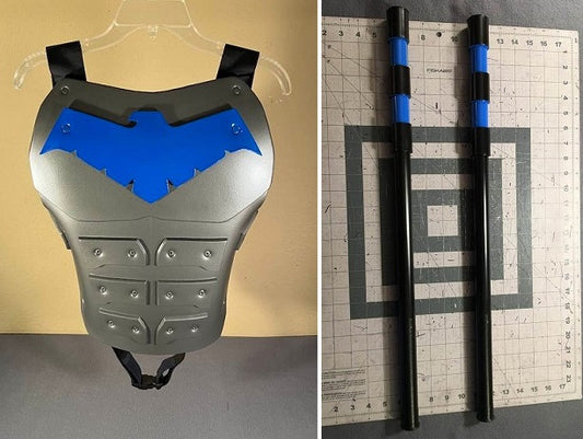 Nightwing 2-piece set: chest armor and Escrima sticks. Gunmetal Classic Nightwing Blue