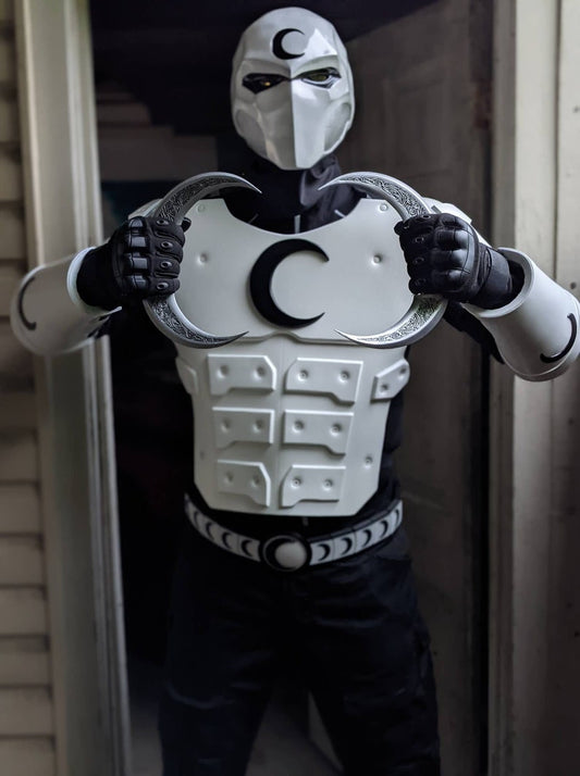Moon Knight 4-piece combo set chest armor, mask, gauntlets & shoulders Matte White with Black or Gold Moon.