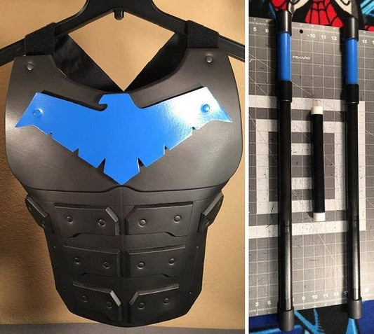 Nightwing 2-piece set: chest armor and staff/ Escrima sticks Matte Black Classic Nightwing Blue