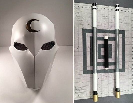 Moon Knight 2-piece set: mask and matching Bo staff Matte White Gold Moon