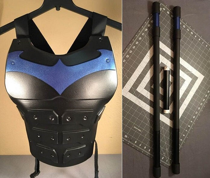 Nightwing 2-piece set: chest armor and staff Matte Black Metallic Blue