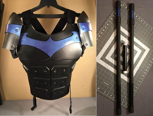 Nightwing 3-piece set: chest armor, staff, and shoulders Matte Black Metallic Blue