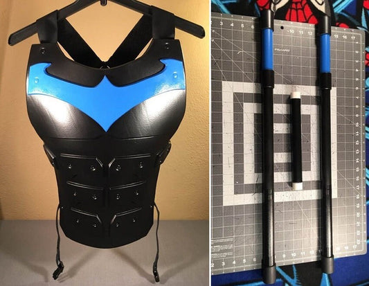 Nightwing 2-piece set: chest armor and staff/ Escrima sticks Matte Black Classic Nightwing Blue